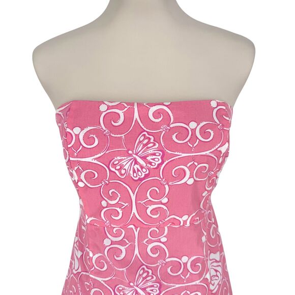 VTG Lilly Pulitzer Iron Maiden Strapless Dress 10 Cotton Pink Floral Butterfly - Picture 3 of 10